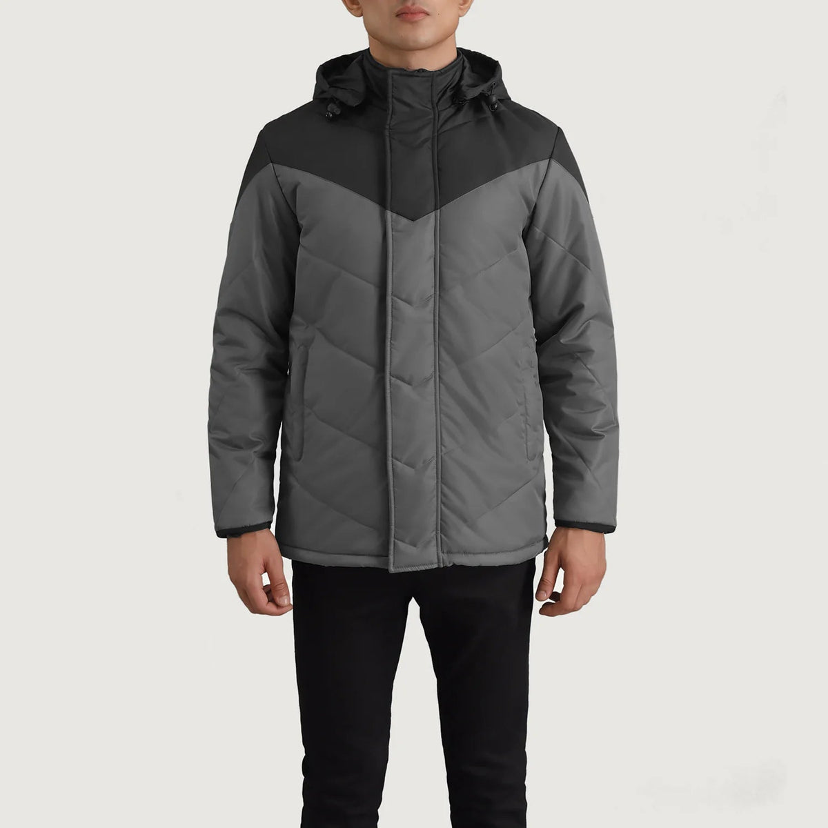 
Detailopname of Classic Collar & Zipper With Velcro Placket Hardware on Luka Zwart & Grey Hooded Puffer Leren Jas voor Heren