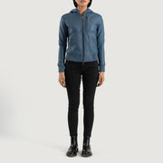 
Luna Blue Hooded Leather Bomber Jacket - Zijaanzicht met ergonomische mouwsnede