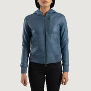 
Detailopname of Hooded & Zipper Hardware on Luna Blue Hooded Leather Bomber Jacket
