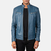 Mack Blauw Leren Bikerjack voor Heren in Blue Sheepskin Leather - Front Profile View &amp; Tailored Silhouette | Buy Online