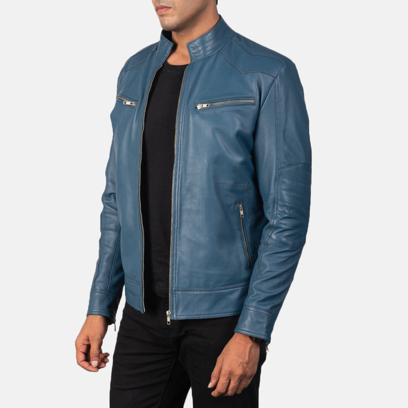 Mack Blauw Leren Bikerjack voor Heren