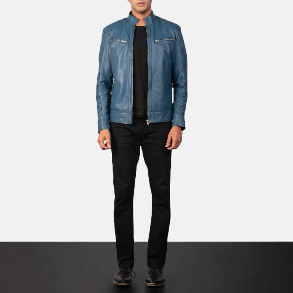 Mack Blauw Leren Bikerjack voor Heren - Lateral Side Profile View Showing Sleeve Cut &amp; Athletic Taper Fit