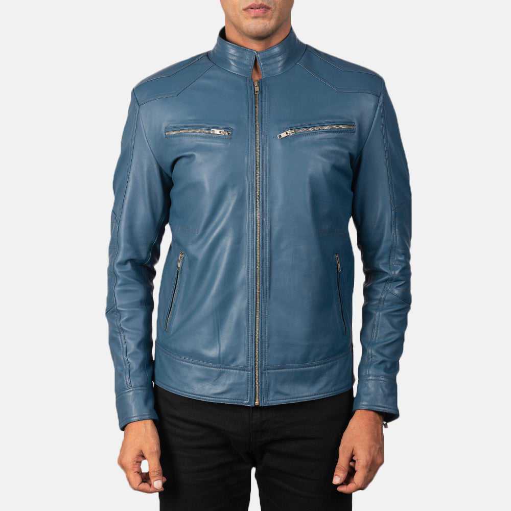 Close-Up Detail of Band &amp; Zipper Hardware on Mack Blauw Leren Bikerjack voor Heren