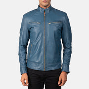 Close-Up Detail of Band &amp; Zipper Hardware on Mack Blauw Leren Bikerjack voor Heren