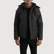 
Malcolm Zwart Hooded Puffer Leren Jas voor Heren in zwart rundleer - Vooraanzicht & getailleerd silhouet | Online kopen