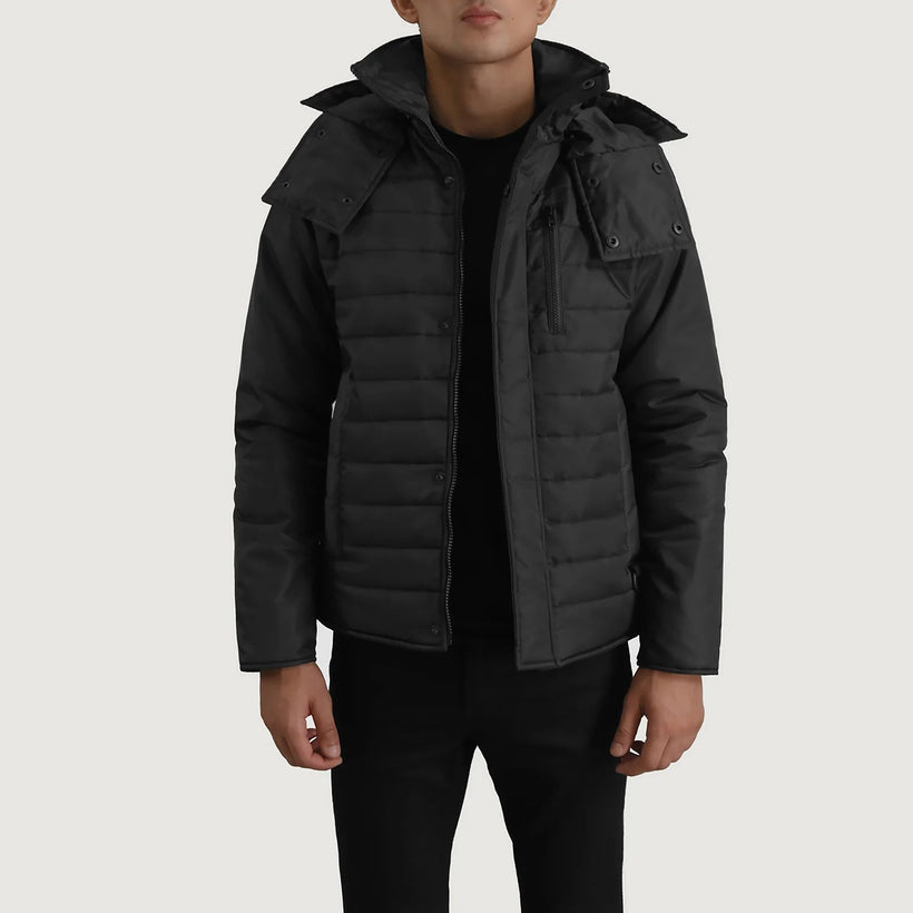 Malcolm Zwart Hooded Puffer Leren Jas voor Heren