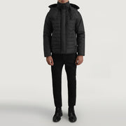 
Malcolm Zwart Hooded Puffer Leren Jas voor Heren - Zijaanzicht met ergonomische mouwsnede
