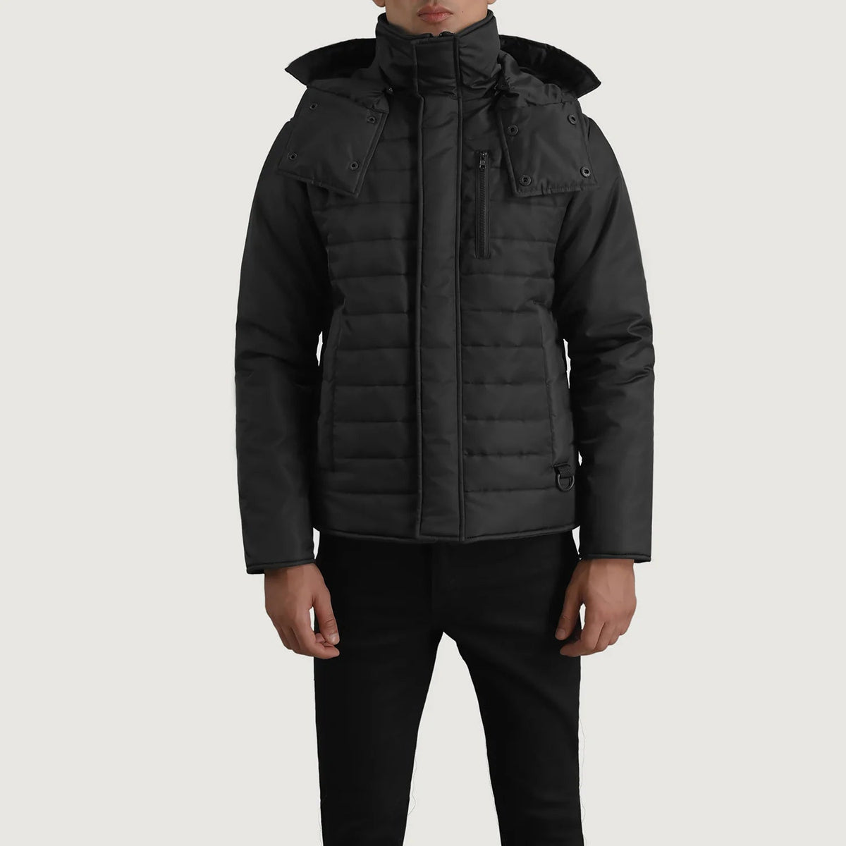 
Detailopname of Classic Collar & Zipper With Placket Hardware on Malcolm Zwart Hooded Puffer Leren Jas voor Heren