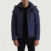 
Malcolm Blauw Hooded Puffer Leren Jas voor Heren in Blue Full-Grain Leather - Vooraanzicht & getailleerd silhouet | Online kopen