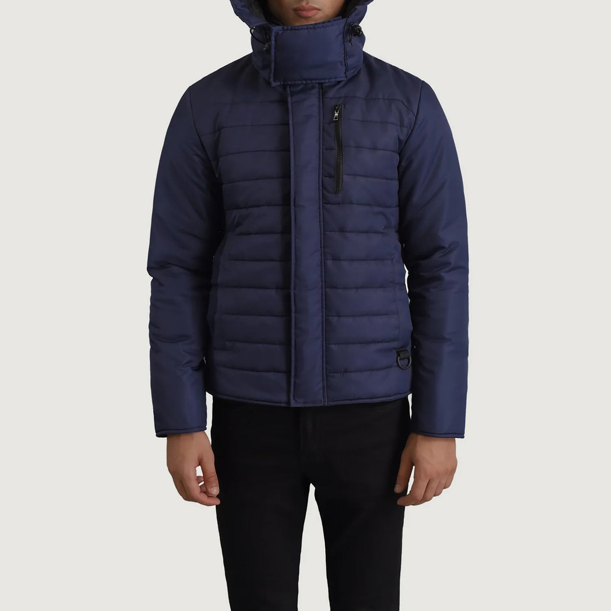 
Detailopname of Classic Collar & Zipper With Placket Hardware on Malcolm Blauw Hooded Puffer Leren Jas voor Heren