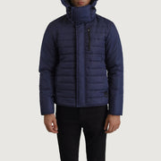 
Detailopname of Classic Collar & Zipper With Placket Hardware on Malcolm Blauw Hooded Puffer Leren Jas voor Heren