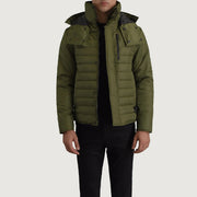 
Malcolm Groen Hooded Puffer Leren Jas voor Heren in Green Full-Grain Leather - Vooraanzicht & getailleerd silhouet | Online kopen