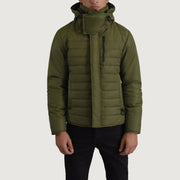 
Malcolm Groen Hooded Puffer Leren Jas voor Heren - Zijaanzicht met ergonomische mouwsnede
