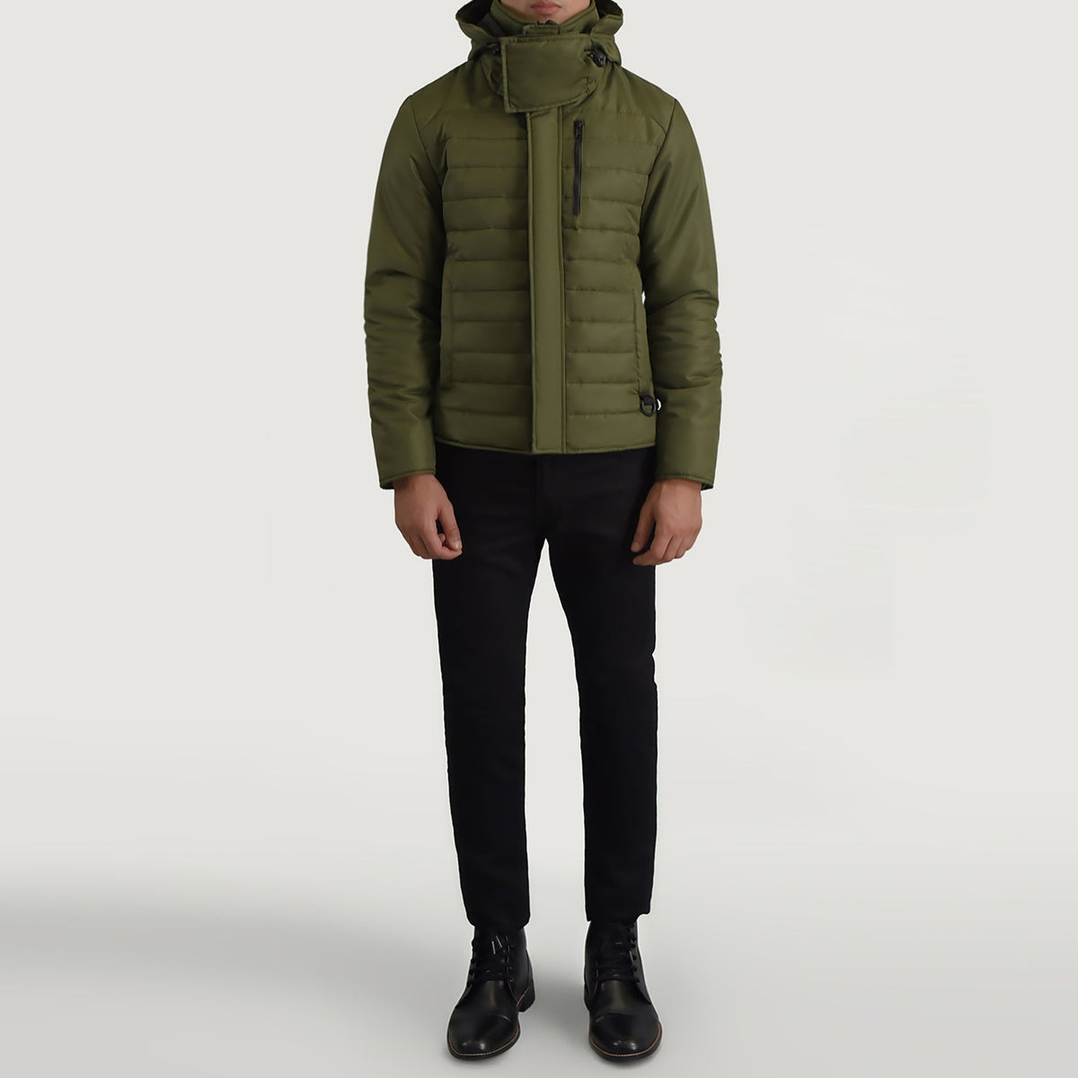 
Detailopname of Classic Collar & Zipper With Placket Hardware on Malcolm Groen Hooded Puffer Leren Jas voor Heren