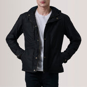 Marlo Zwart Canvas Hooded Work Leren Jas voor Heren For Men in Black Waxed Cotton Canvas - Front Profile View &amp; Tailored Silhouette | Buy Online