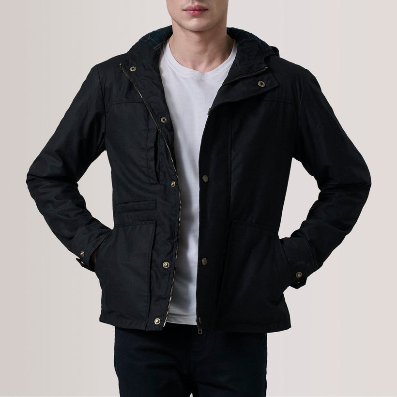 Marlo Zwart Canvas Hooded Work Leren Jas voor Heren