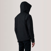 Close-Up Detail of Hooded &amp; Zipper with placket Hardware on Marlo Zwart Canvas Hooded Work Leren Jas voor Heren For Men