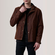 Marlo Bruin Canvas Hooded Work Leren Jas voor Heren For Men in Brown Waxed Cotton Canvas - Front Profile View &amp; Tailored Silhouette | Buy Online
