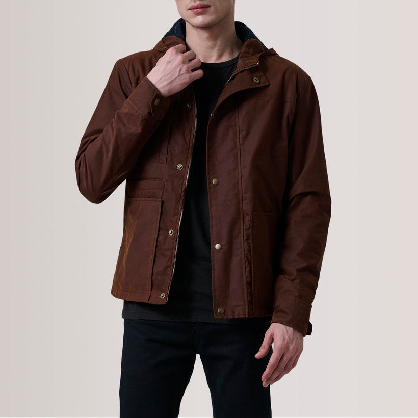 Marlo Bruin Canvas Hooded Work Leren Jas voor Heren