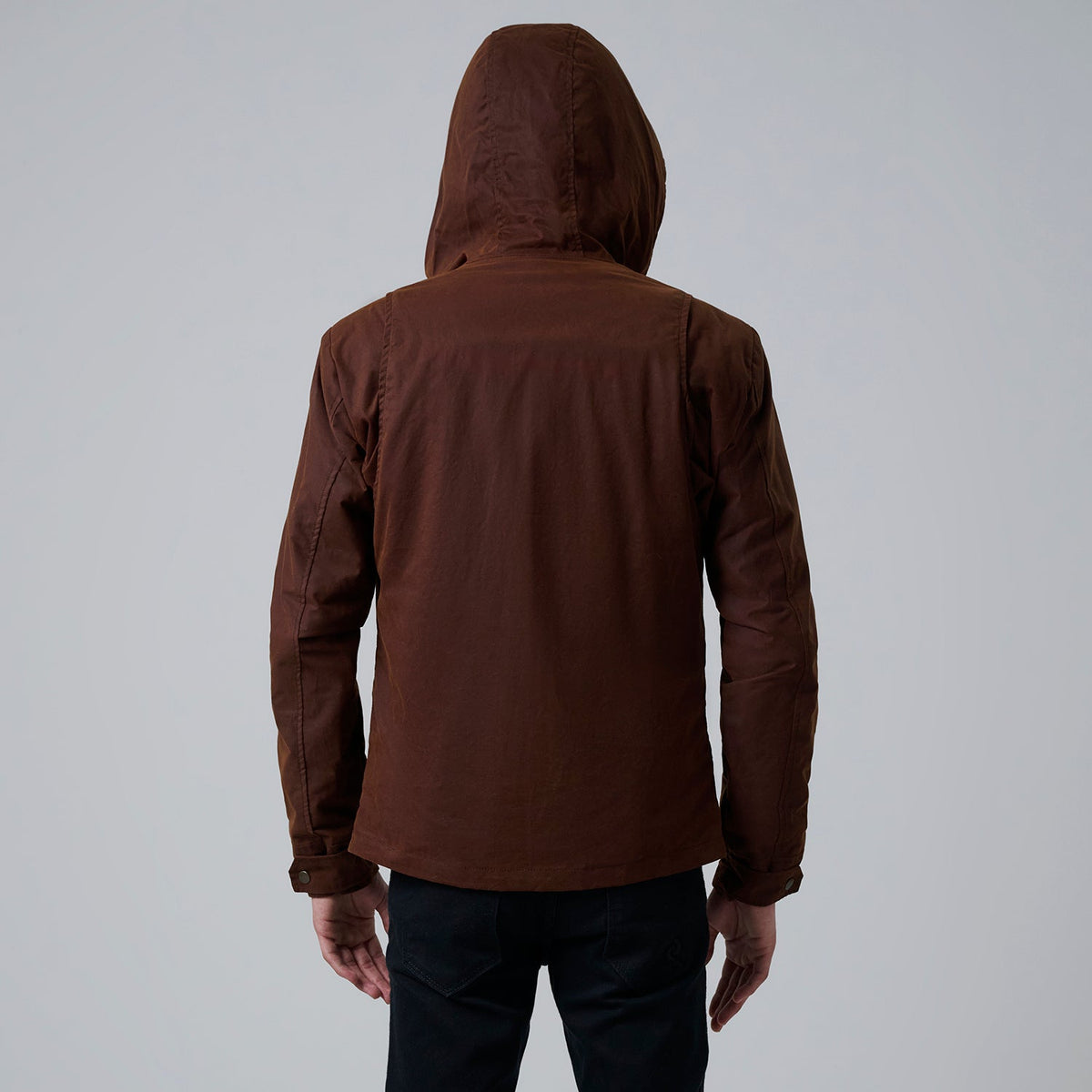Close-Up Detail of Hooded &amp; Zipper with placket Hardware on Marlo Bruin Canvas Hooded Work Leren Jas voor Heren For Men