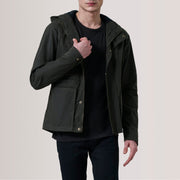 Marlo Olive Canvas Hooded Work Leren Jas voor Heren For Men in Olive Waxed Cotton Canvas - Front Profile View &amp; Tailored Silhouette | Buy Online