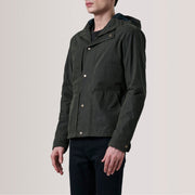 Marlo Olive Canvas Hooded Work Leren Jas voor Heren For Men - Lateral Side Profile View Showing Sleeve Cut &amp; Athletic Taper Fit