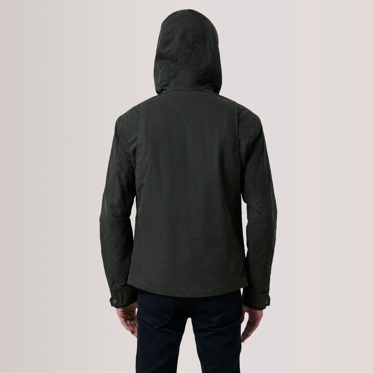 Close-Up Detail of Hooded &amp; Zipper with placket Hardware on Marlo Olive Canvas Hooded Work Leren Jas voor Heren For Men