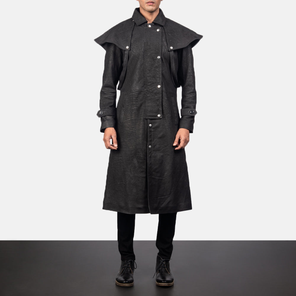 
Maverick Zwart Leather Duster voor Heren in Distressed Black Sheepskin Snuffed - Vooraanzicht & getailleerd silhouet | Online kopen
