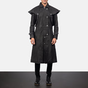 
Maverick Zwart Leather Duster voor Heren in Distressed Black Sheepskin Snuffed - Vooraanzicht & getailleerd silhouet | Online kopen