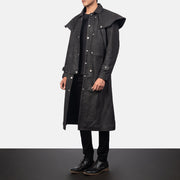 
Distressed Black Sheepskin Snuffed Trench Coat - Achteraanzicht met getailleerde schouders & strakke zoom