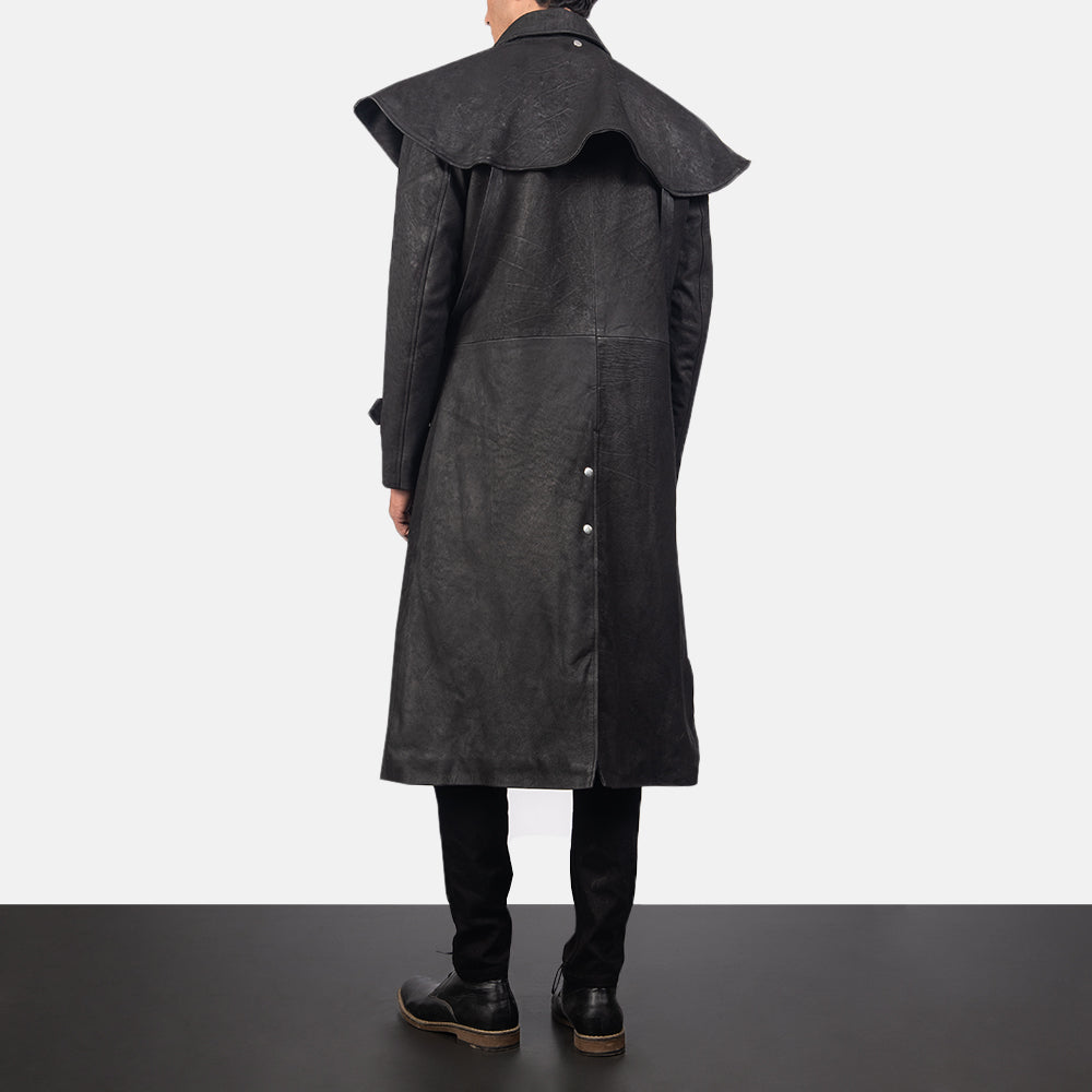
Maverick Zwart Leather Duster voor Heren - Zijaanzicht met ergonomische mouwsnede