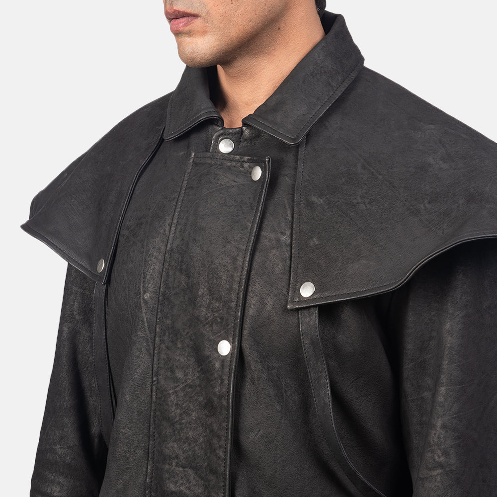 
Detailopname of Shirt & Heavy-Duty Zipper Hardware on Maverick Zwart Leather Duster voor Heren