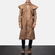 Close-Up Detail of Shirt &amp; Heavy-Duty Zipper Hardware on Men's Maverick Bruin Leather Duster voor Heren