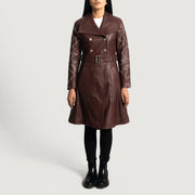 
Maroon Sheepskin Leather Trench Coat - Achteraanzicht met getailleerde schouders & strakke zoom