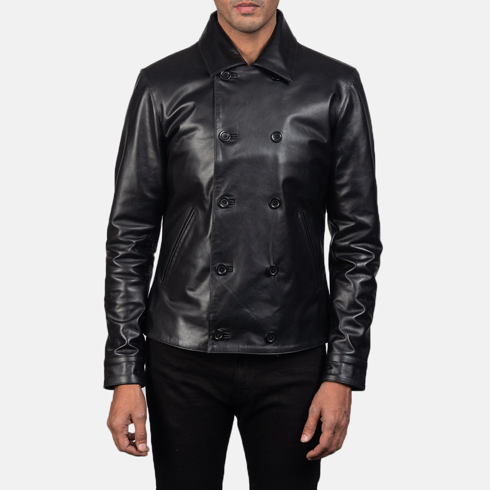 Mod Zwart Leather Peacoat voor Heren in Black Cowhide Leather - Front Profile View &amp; Tailored Silhouette | Buy Online