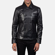 Mod Zwart Leather Peacoat voor Heren in Black Cowhide Leather - Front Profile View &amp; Tailored Silhouette | Buy Online