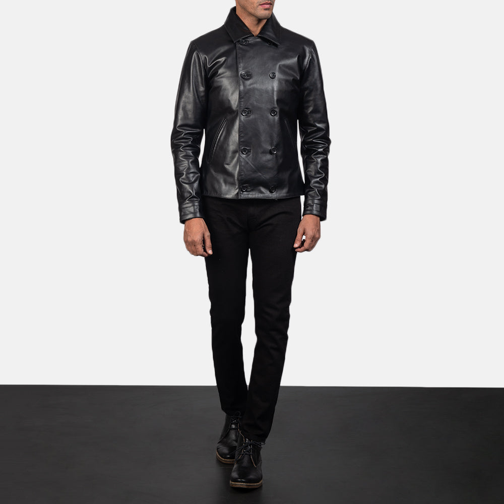 Mod Zwart Leather Peacoat voor Heren - Lateral Side Profile View Showing Sleeve Cut &amp; Athletic Taper Fit
