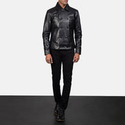 Mod Zwart Leather Peacoat voor Heren - Lateral Side Profile View Showing Sleeve Cut &amp; Athletic Taper Fit