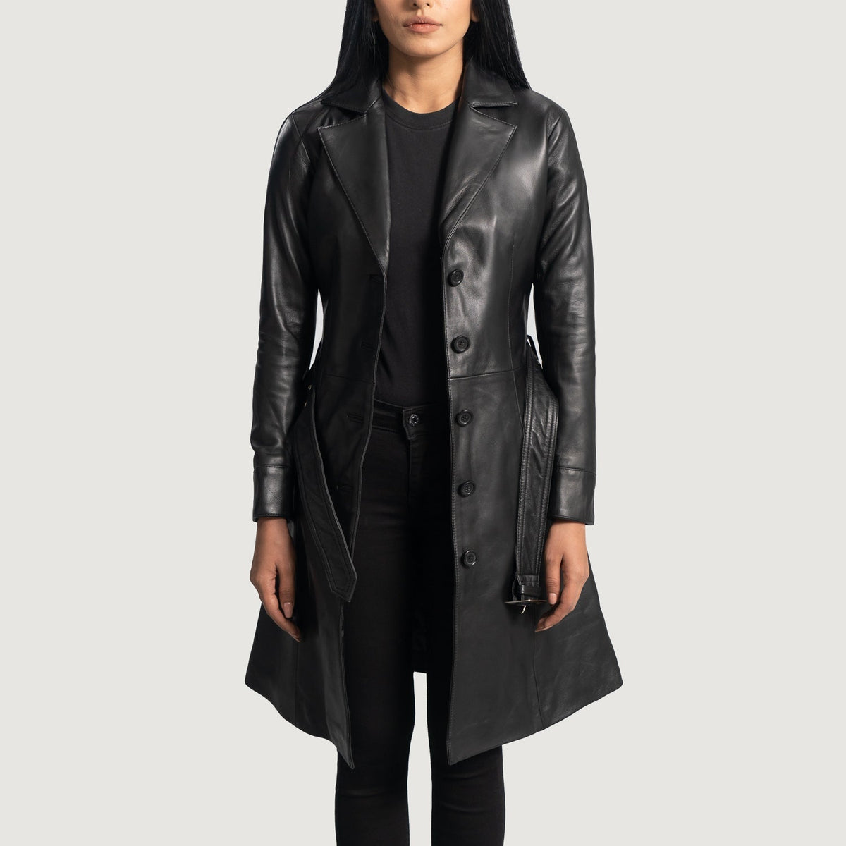 
Moonlight Zwart Leren Trenchcoat voor Dames in Black Sheepskin Leather - Vooraanzicht & getailleerd silhouet | Online kopen