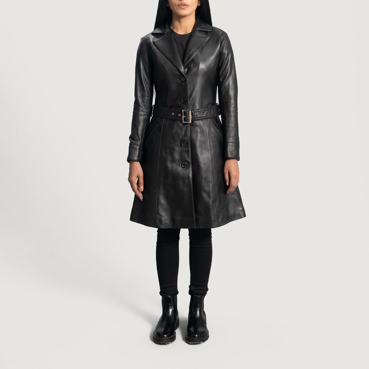 
Moonlight Zwart Leren Trenchcoat voor Dames - Zijaanzicht met ergonomische mouwsnede