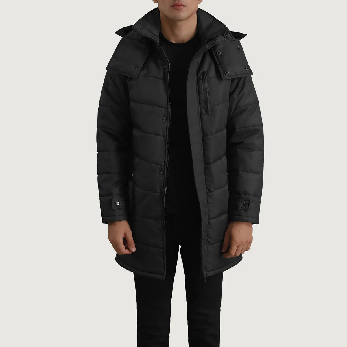 
Moore Zwart Hooded Parka voor Heren in zwart rundleer - Vooraanzicht & getailleerd silhouet | Online kopen
