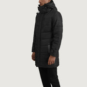 
Black Full-Grain Leather Hooded Jacket - Achteraanzicht met getailleerde schouders & strakke zoom