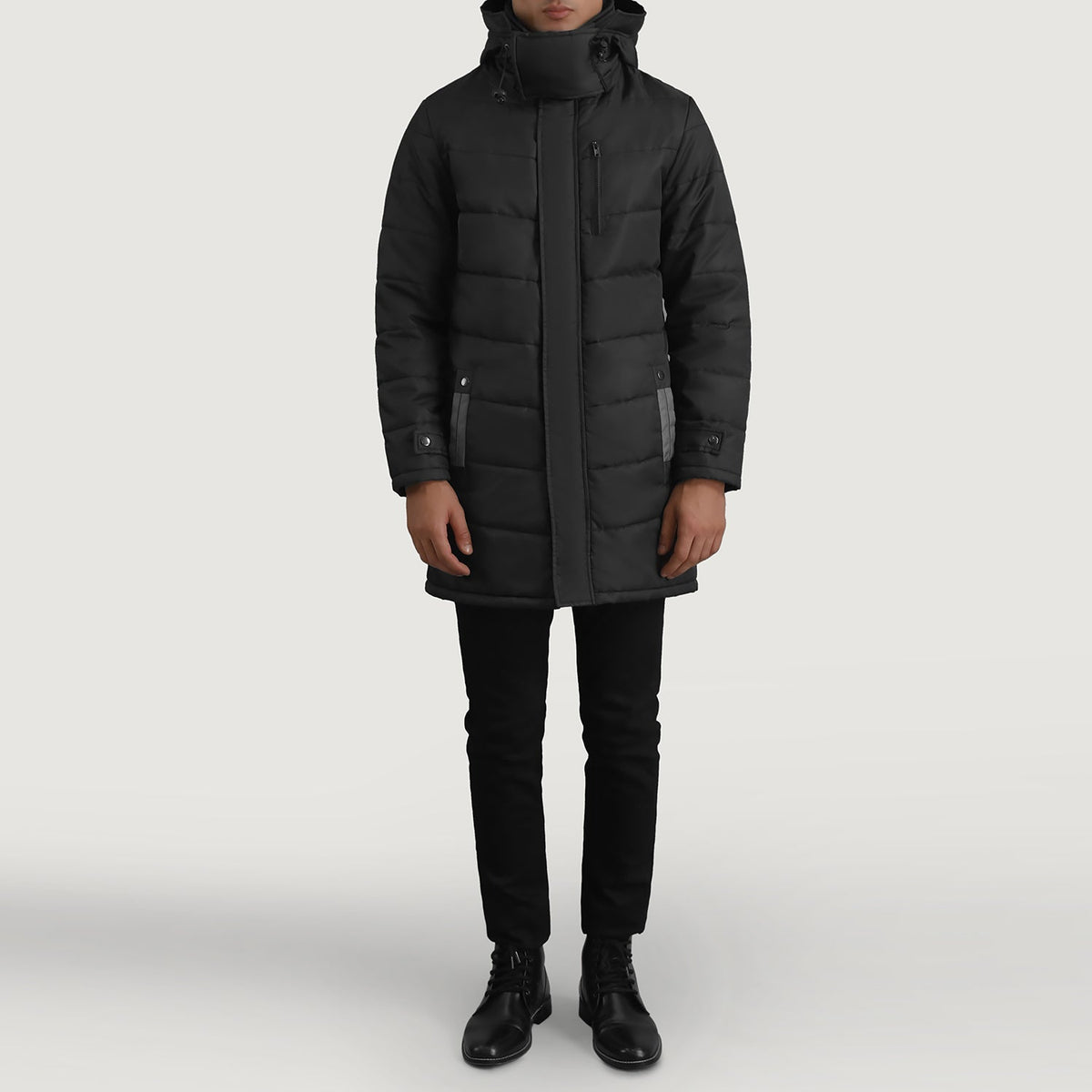 
Moore Zwart Hooded Parka voor Heren - Zijaanzicht met ergonomische mouwsnede