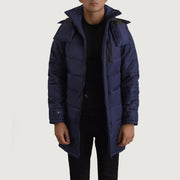 
Moore Blauw Hooded Parka voor Heren in Blue Full-Grain Leather - Vooraanzicht & getailleerd silhouet | Online kopen