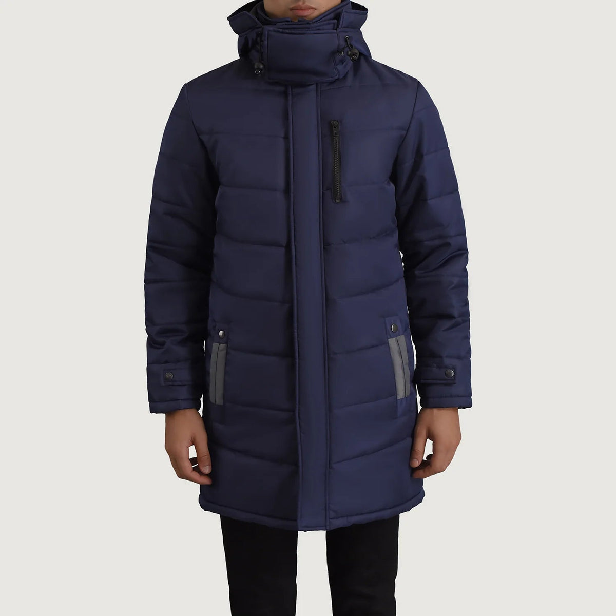 
Detailopname of Classic Collar & Zipper With Snap Button Placket Hardware on Moore Blauw Hooded Parka voor Heren