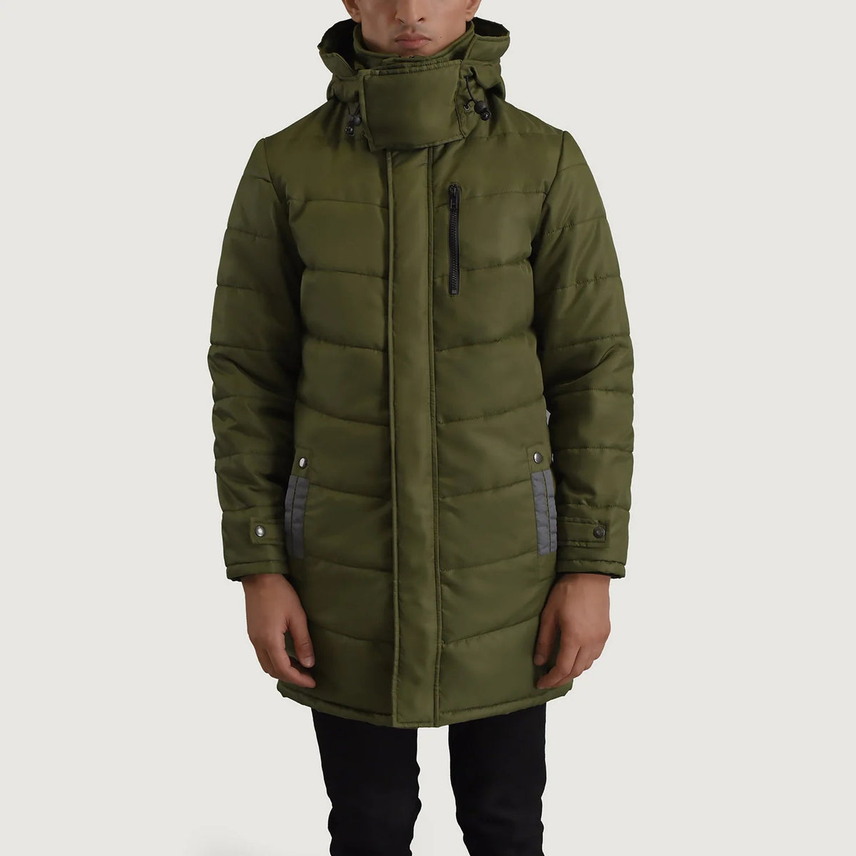 
Detailopname of Classic Collar & Zipper With Snap Button Placket Hardware on Moore Groen Hooded Parka voor Heren