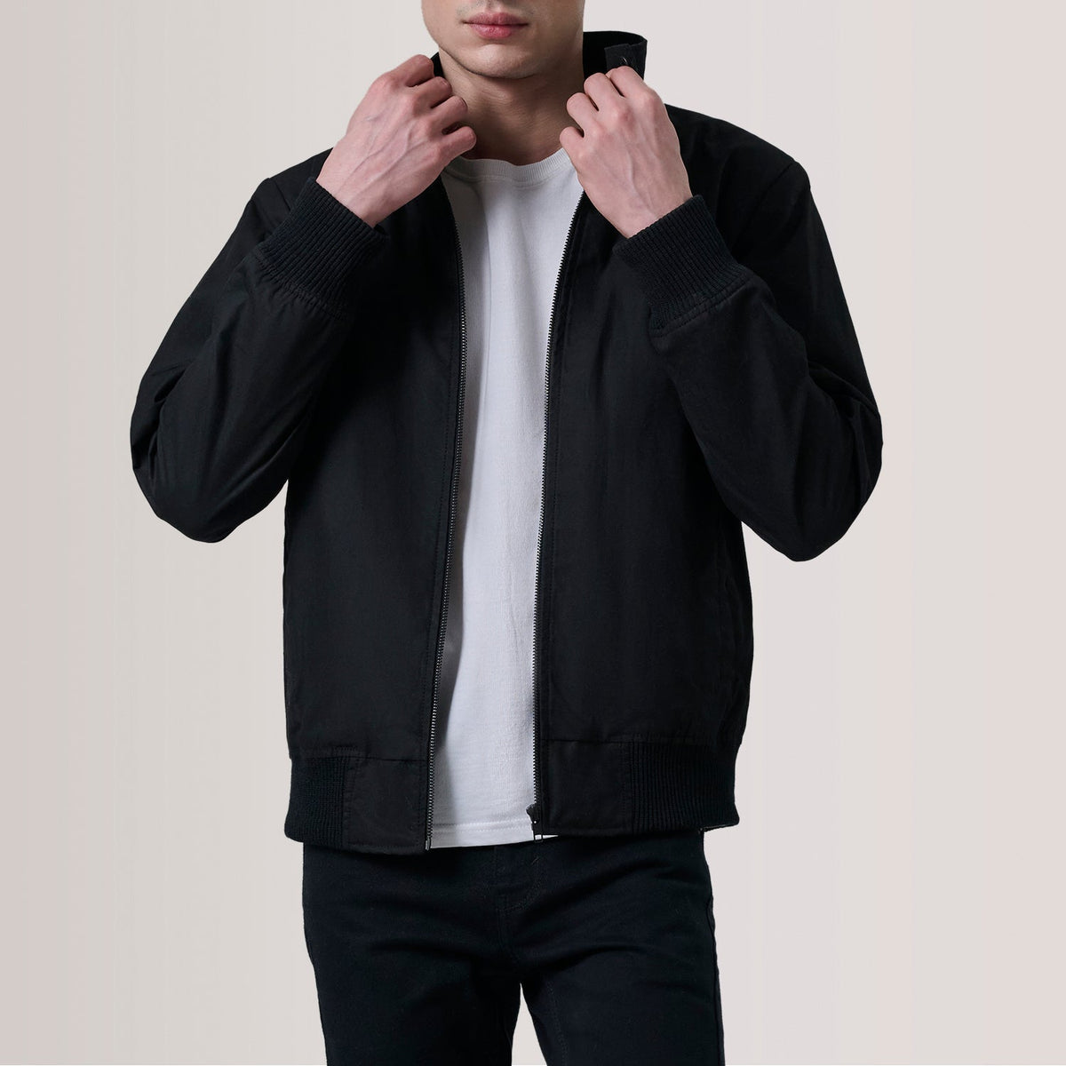 Morrison Zwart Canvas Leren Bomberjack voor Heren For Men in Black Waxed Cotton Canvas - Front Profile View &amp; Tailored Silhouette | Buy Online