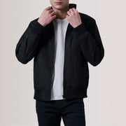 Morrison Zwart Canvas Leren Bomberjack voor Heren For Men in Black Waxed Cotton Canvas - Front Profile View &amp; Tailored Silhouette | Buy Online