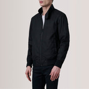 Morrison Zwart Canvas Leren Bomberjack voor Heren For Men - Lateral Side Profile View Showing Sleeve Cut &amp; Athletic Taper Fit