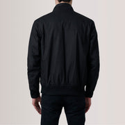 Close-Up Detail of Snap Button &amp; Zipper Hardware on Morrison Zwart Canvas Leren Bomberjack voor Heren For Men